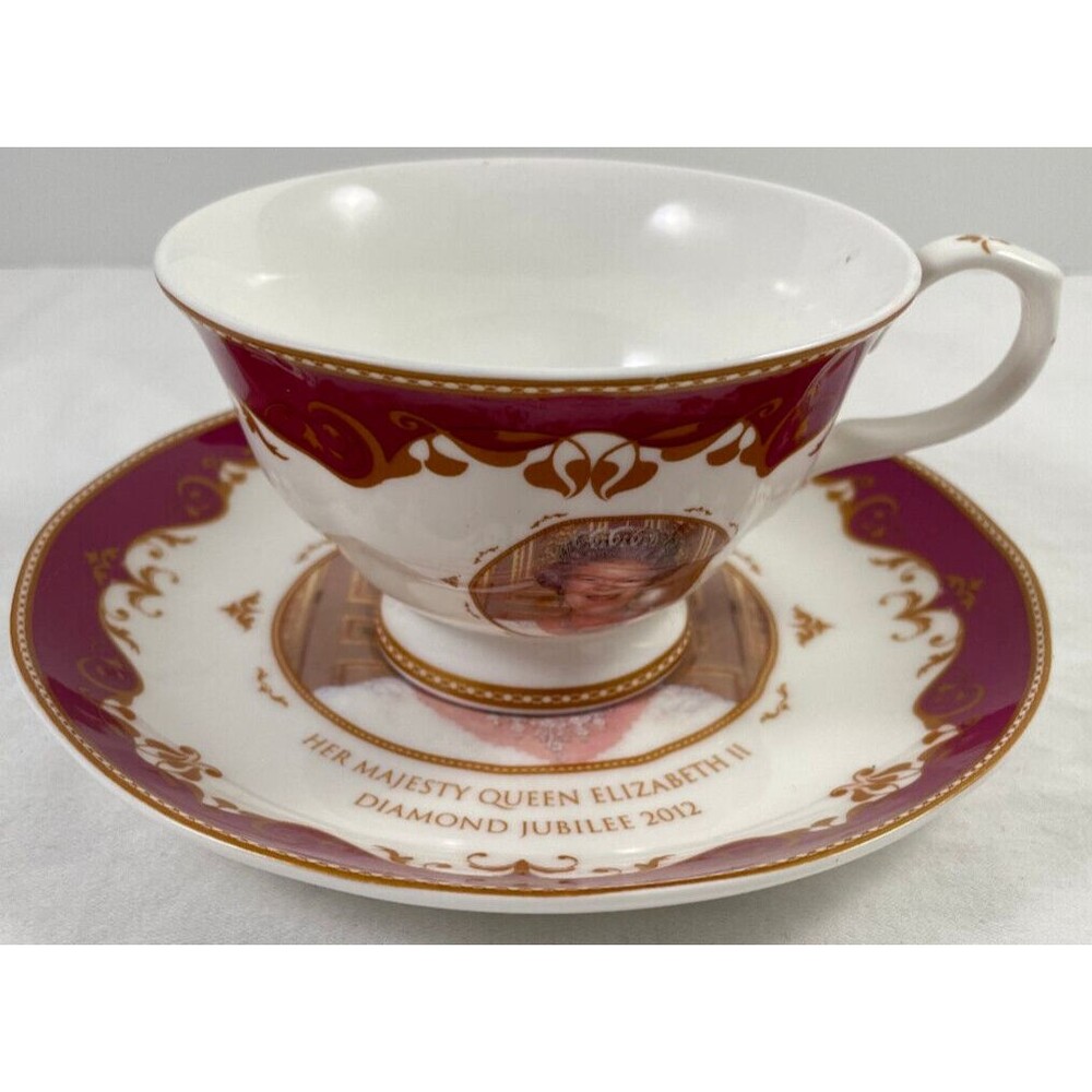 Queen Elizabeth II Cup & Saucer Set Diamond Jubilee 2012 Royal Crest w/Box